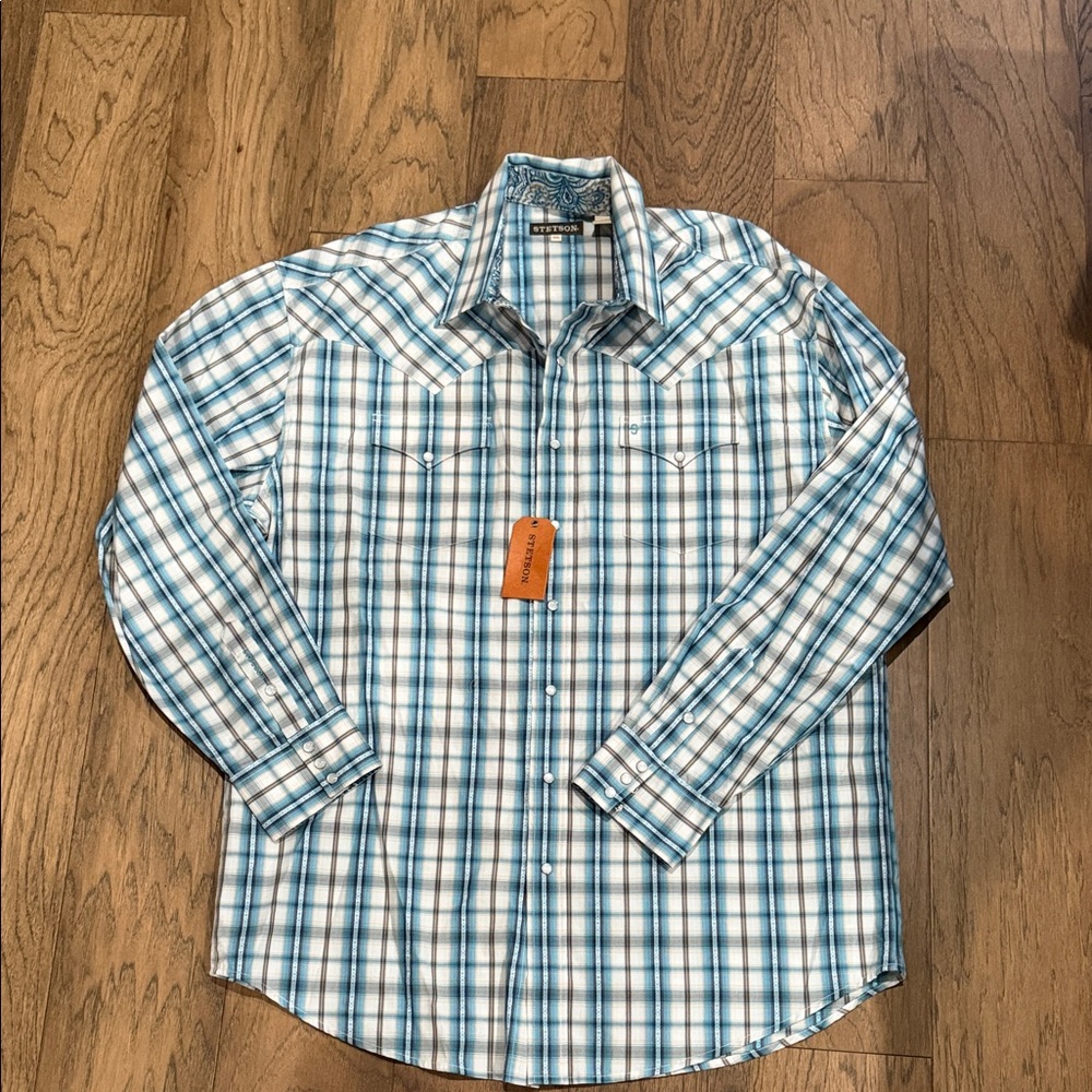 Stetson Men's White and Blue Plaid Western Button-Down Shirt 2XL